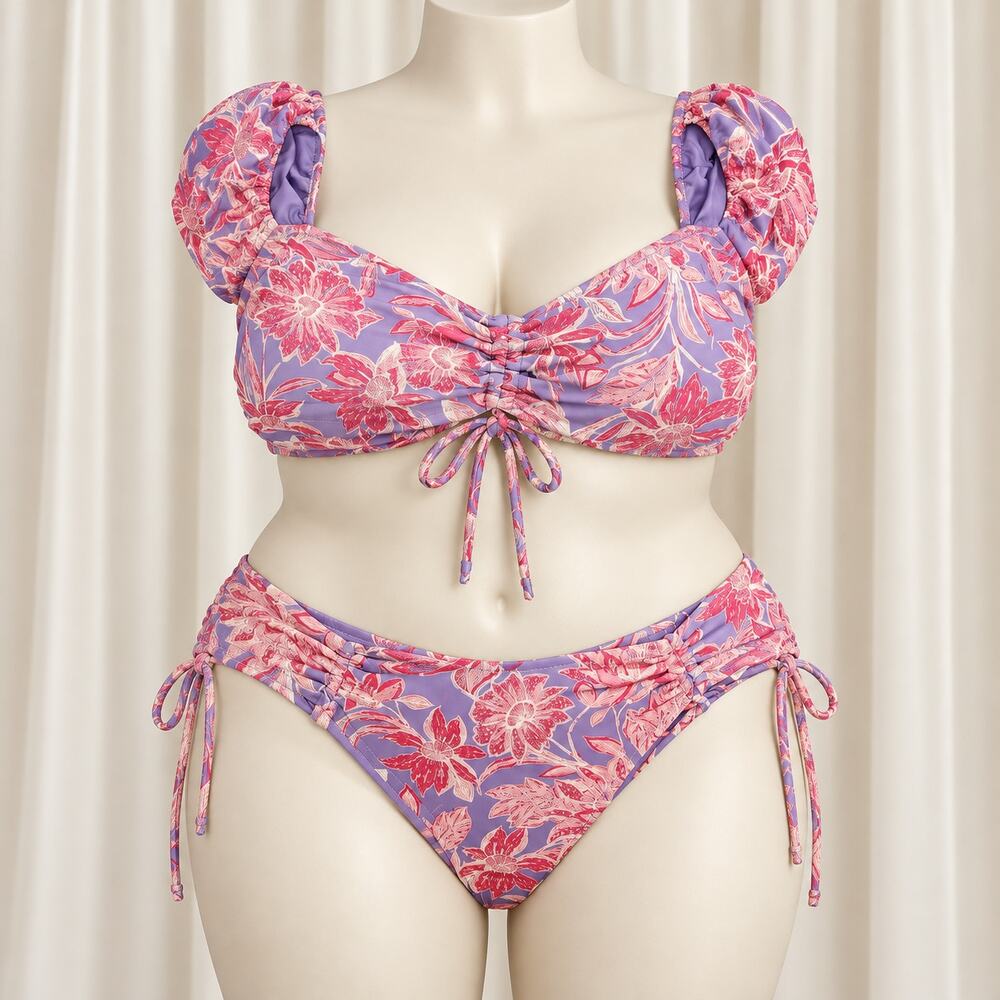 Time And Tru Pink Floral Bikini Swimsuit Top And Ruched Backside Bottom Xl 1X